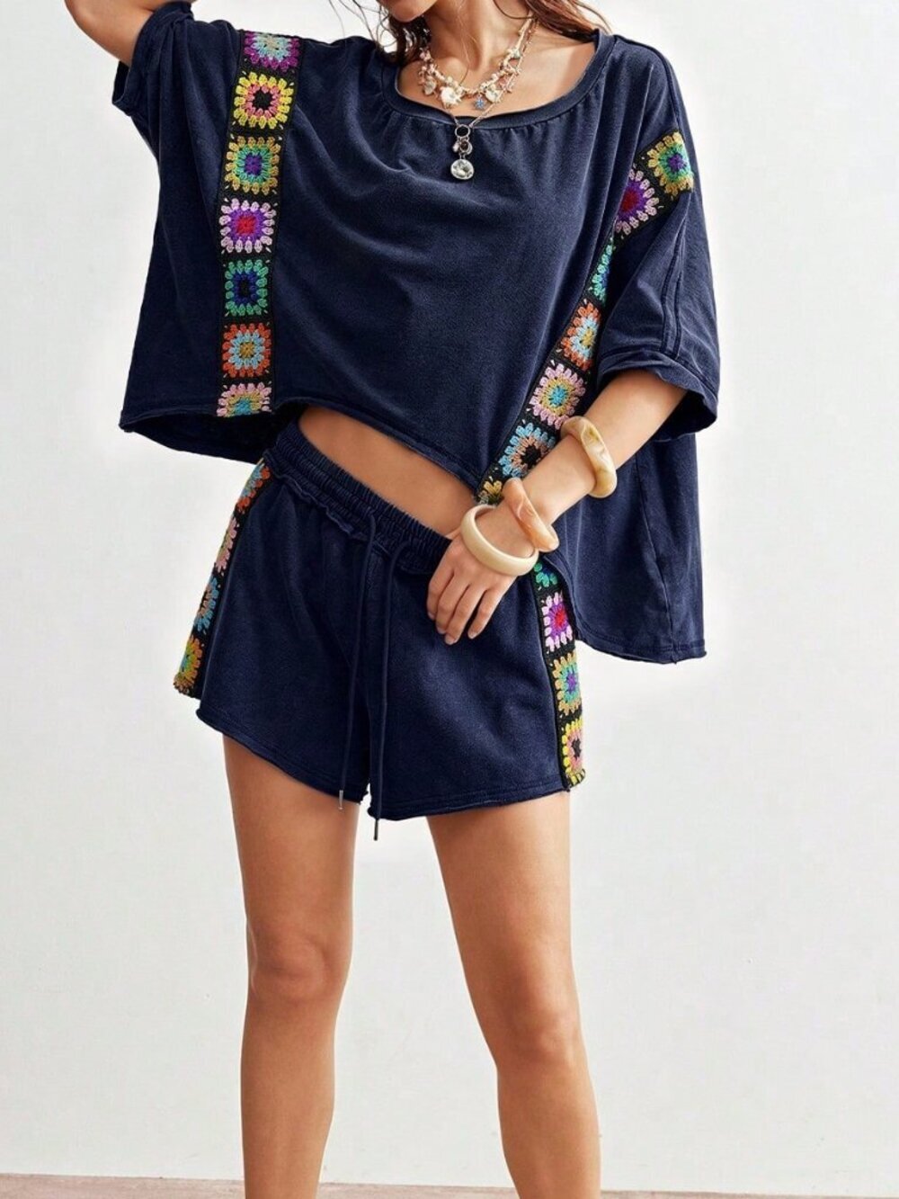 Navy Blue Casual Women's Knit Round Neck Loose Short Sleeve T-Shirt & Shorts - Picture 10 of 10
